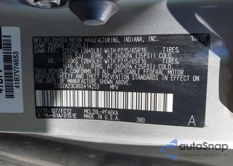 2006 Toyota Sienna Le from USA, damaged, VIN 5TDZA23CX6S414253